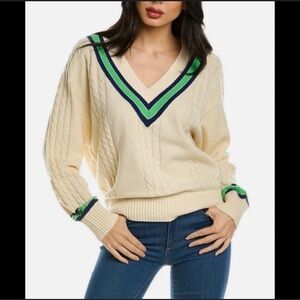 Rebecca Taylor Womens Contrast Tipped V-Neck Wool-Blend Sweater, Cream White